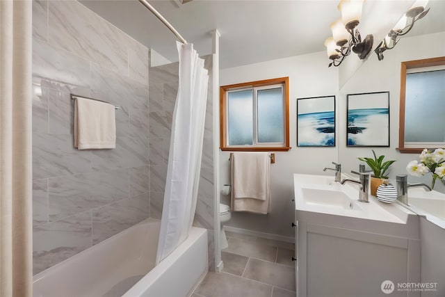 10210 NE 23rd St, Bellevue, WA 98004 - full bathroom with an inviting chandelier, toilet, tile patterned floors, a sink, and shower / bath combo