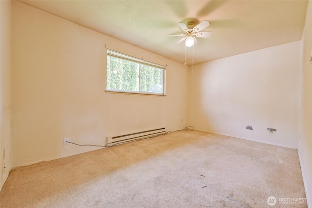 spare room with carpet floors, ceiling fan, and a baseboard radiator