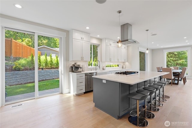 kitchen featuring appliances with stainless steel finishes, island range hood, a kitchen island, light countertops, and white cabinets