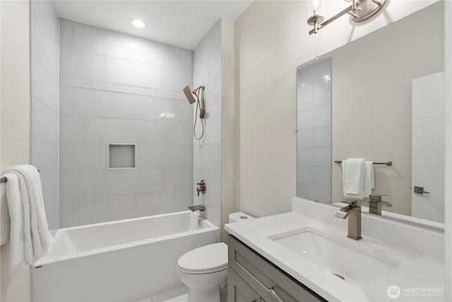 bathroom with toilet, vanity, bathing tub / shower combination, and recessed lighting