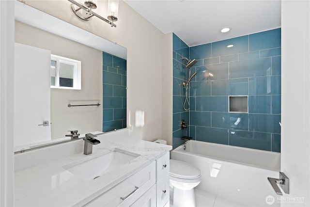 full bath featuring shower / bath combination, toilet, and vanity
