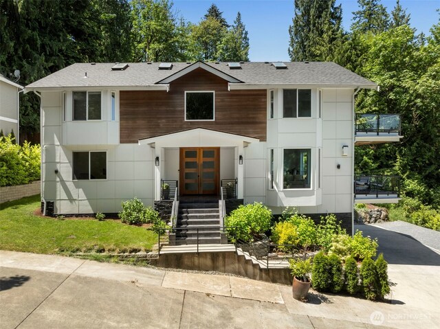 16831 84th Ln NE, Kenmore, WA 98028 - contemporary house featuring french doors, roof with shingles, and stairway