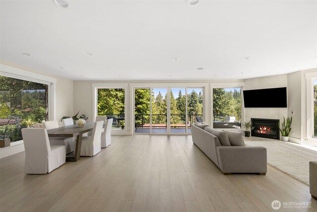 16831 84th Ln NE, Kenmore, WA 98028 - living room featuring a large fireplace, healthy amount of natural light, and light wood-type flooring