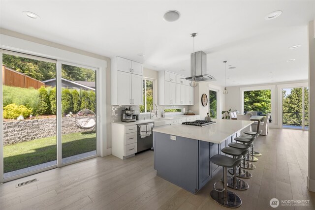 16831 84th Ln NE, Kenmore, WA 98028 - kitchen with stainless steel appliances, a kitchen island, white cabinetry, light countertops, and light wood-style floors