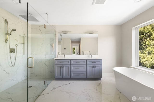 16831 84th Ln NE, Kenmore, WA 98028 - full bathroom featuring a marble finish shower, marble tiled floors, a soaking tub, and double vanity
