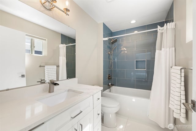 16831 84th Ln NE, Kenmore, WA 98028 - full bathroom featuring vanity, toilet, shower / bath combo with shower curtain, recessed lighting, and tile patterned floors