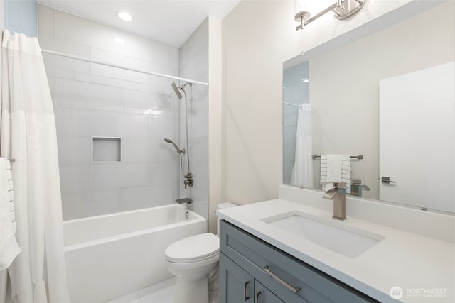 16831 84th Ln NE, Kenmore, WA 98028 - bathroom featuring vanity, shower / bath combination with curtain, toilet, tile patterned floors, and recessed lighting