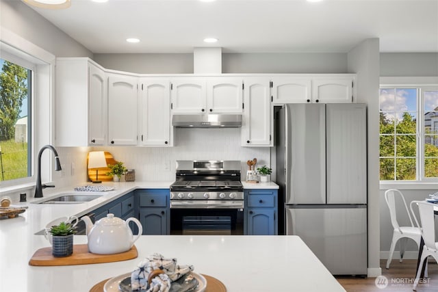 kitchen with appliances with stainless steel finishes, a sink, under cabinet range hood, white cabinetry, and plenty of natural light
