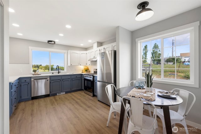 kitchen featuring appliances with stainless steel finishes, a sink, under cabinet range hood, light wood-style flooring, and recessed lighting