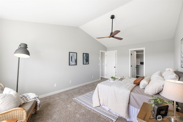 carpeted bedroom featuring lofted ceiling, baseboards, and ceiling fan