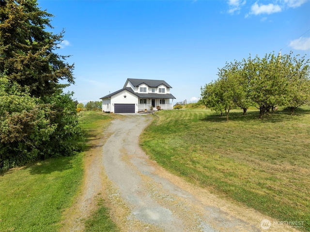 traditional-style home with dirt driveway, a front lawn, and covered porch