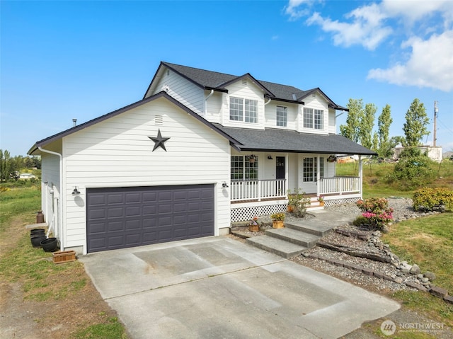 traditional home featuring a porch, concrete driveway, a garage, and a shingled roof