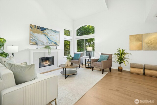living room with baseboards, high vaulted ceiling, wood finished floors, and a fireplace