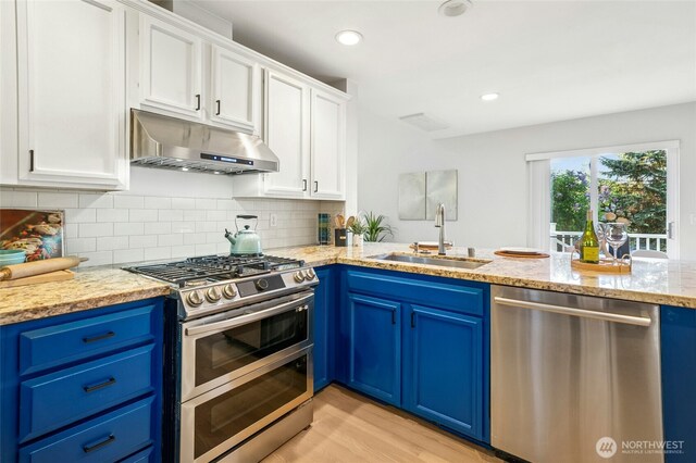 kitchen with light wood-style floors, blue cabinets, under cabinet range hood, a sink, and stainless steel appliances
