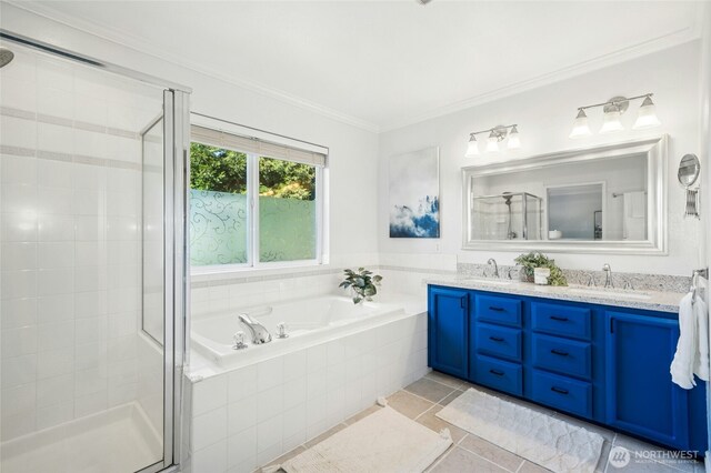 bathroom with a sink, double vanity, a stall shower, and a bath