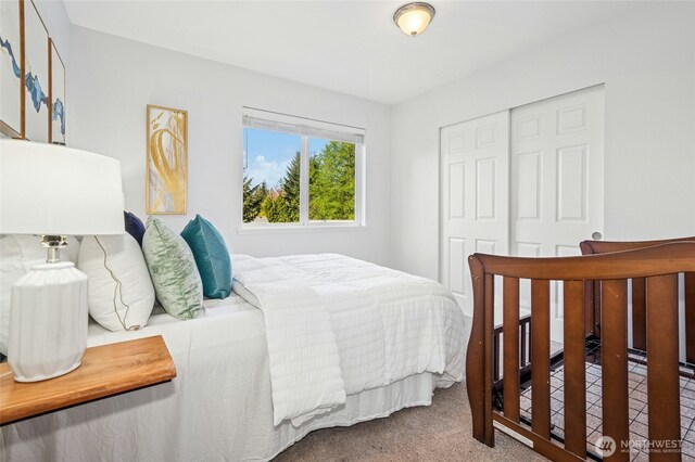 bedroom featuring a closet and carpet