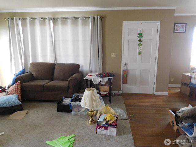 living room with baseboards, ornamental molding, and wood finished floors