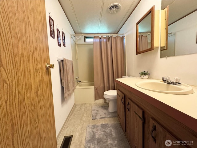 full bathroom with vanity, shower / bathtub combination with curtain, toilet, and visible vents