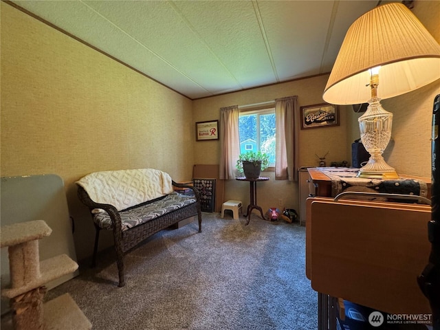 sitting room with carpet and vaulted ceiling