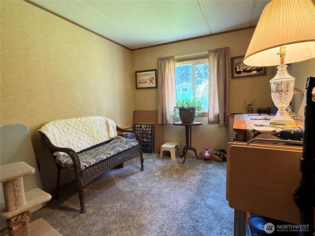 sitting room with crown molding and carpet floors
