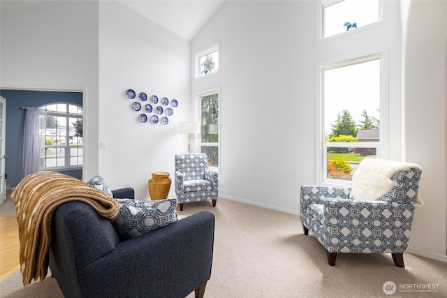 living room featuring high vaulted ceiling, plenty of natural light, and light colored carpet