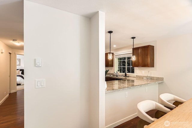 3018 128th Ave SE Unit 10, Bellevue, WA 98005 - bar with decorative light fixtures, baseboards, dark wood finished floors, and a sink