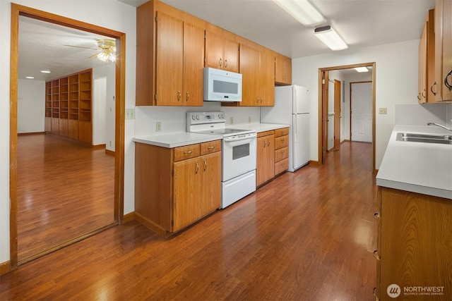 110 NW 110th St, Seattle, WA 98177 - kitchen featuring ceiling fan, a sink, light countertops, white appliances, and dark wood-type flooring