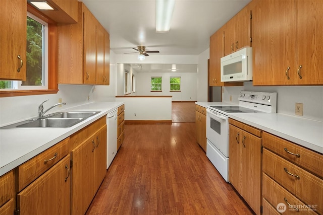 110 NW 110th St, Seattle, WA 98177 - kitchen featuring a ceiling fan, wood finished floors, white appliances, light countertops, and a sink