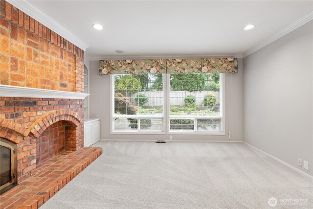 4799 171st Ave SE, Bellevue, WA 98006 - unfurnished living room with a fireplace, baseboards, ornamental molding, carpet flooring, and recessed lighting