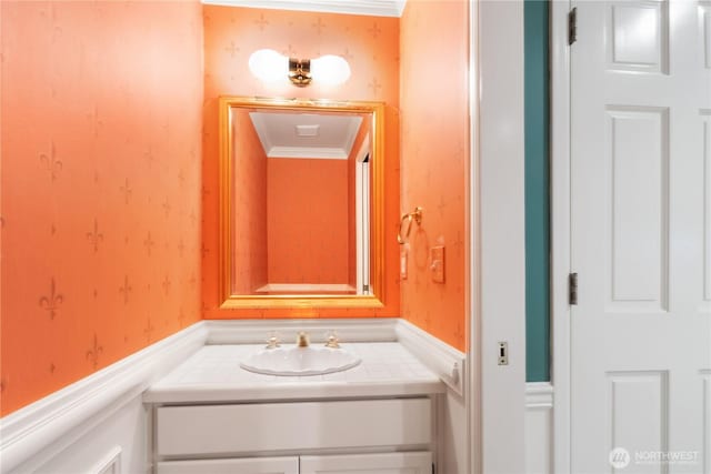 4799 171st Ave SE, Bellevue, WA 98006 - bathroom with crown molding, vanity, and wallpapered walls