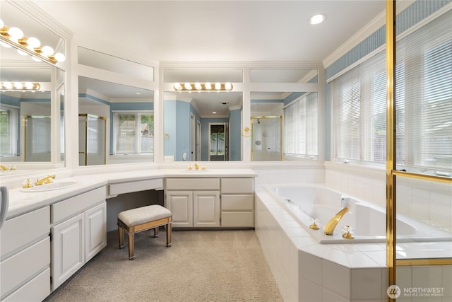 4799 171st Ave SE, Bellevue, WA 98006 - full bath featuring vanity, ornamental molding, a shower stall, and a garden tub