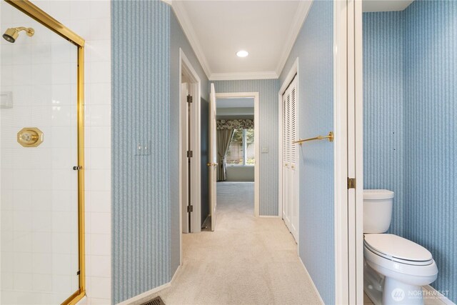 4799 171st Ave SE, Bellevue, WA 98006 - bathroom featuring crown molding, wallpapered walls, a stall shower, and toilet