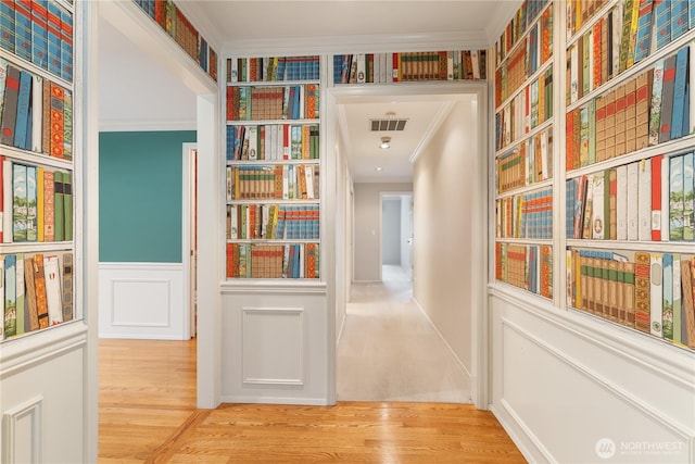 4799 171st Ave SE, Bellevue, WA 98006 - hall featuring visible vents, crown molding, wood finished floors, and wallpapered walls