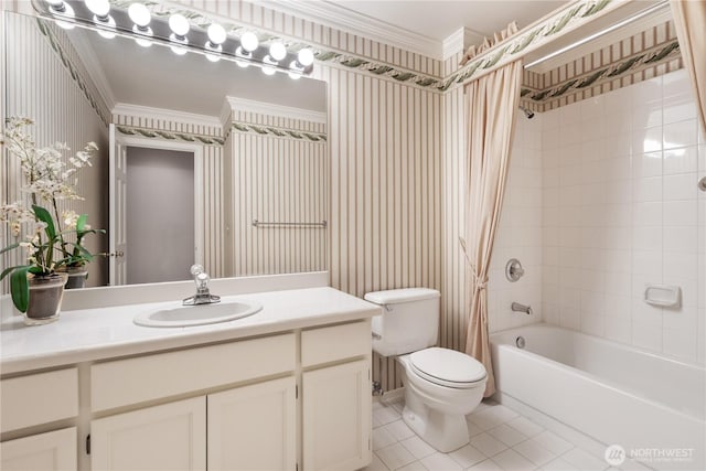 4799 171st Ave SE, Bellevue, WA 98006 - full bathroom featuring ornamental molding, toilet, wallpapered walls, tile patterned floors, and shower / tub combo