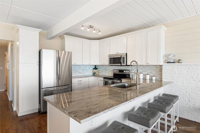 kitchen featuring light stone countertops, stainless steel appliances, a peninsula, and dark wood-type flooring