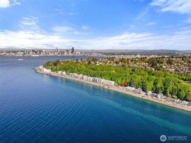 aerial view with a water and mountain view