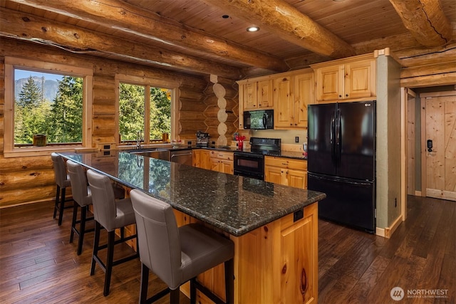 kitchen with wooden ceiling, log walls, black appliances, and dark wood-type flooring