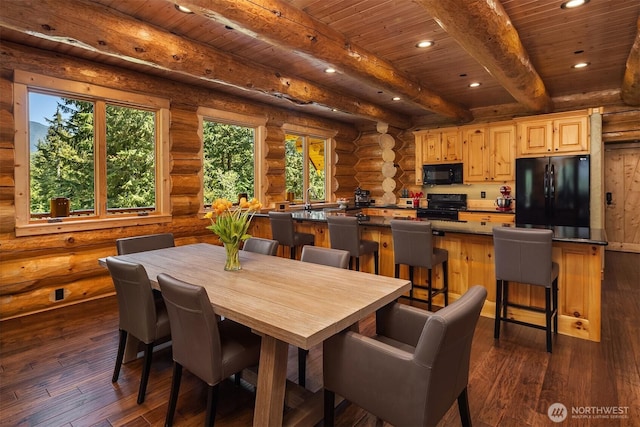 dining room with recessed lighting, wood ceiling, rustic walls, and beamed ceiling