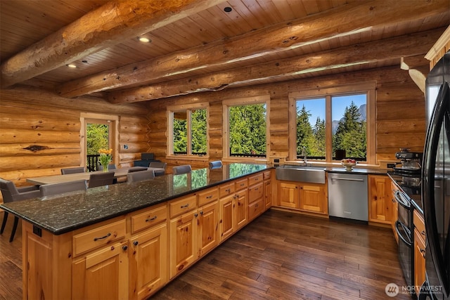 kitchen featuring wood ceiling, dark wood finished floors, beam ceiling, a sink, and black appliances