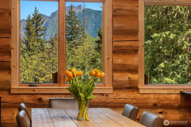 details with a mountain view and log walls