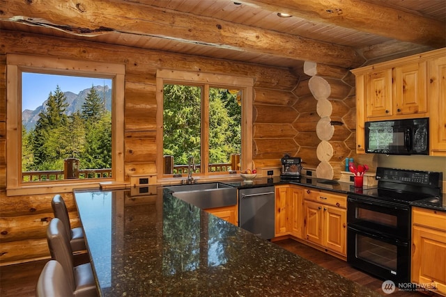 kitchen with log walls, beam ceiling, wooden ceiling, a sink, and black appliances