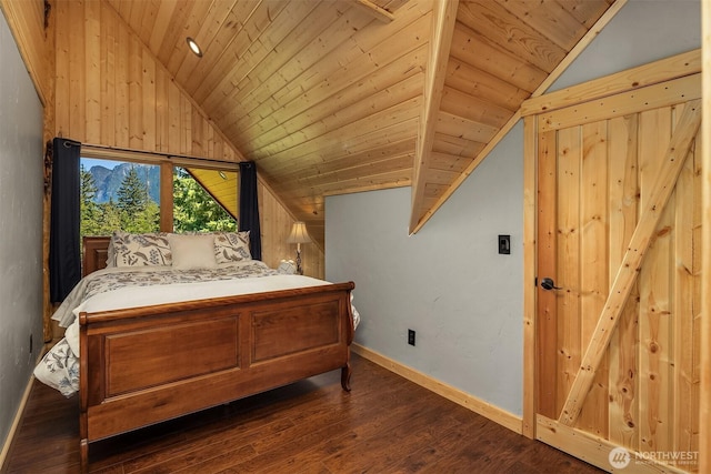 bedroom featuring wooden ceiling, baseboards, vaulted ceiling, and dark wood-style flooring
