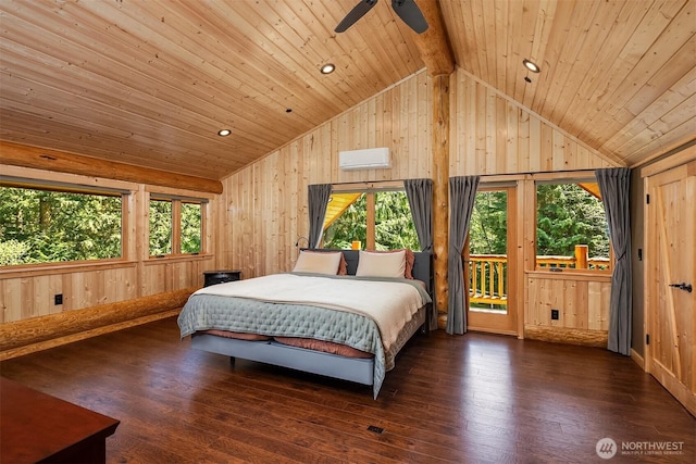 bedroom featuring wooden ceiling, vaulted ceiling, access to exterior, and multiple windows