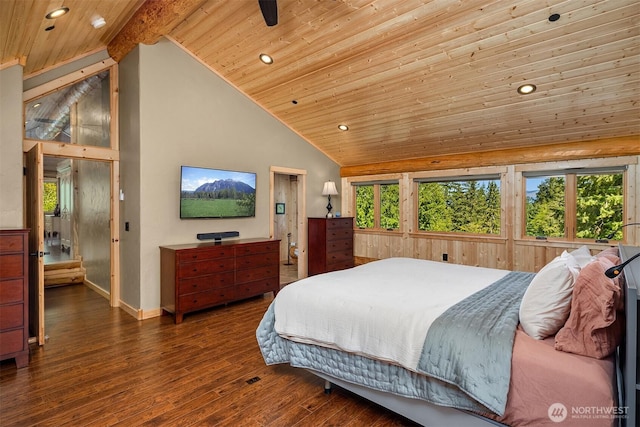 bedroom featuring recessed lighting, wood ceiling, multiple windows, and high vaulted ceiling