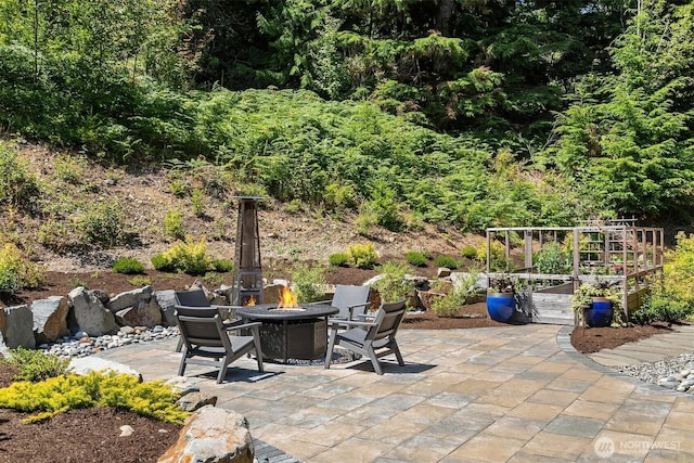 view of patio / terrace featuring a vegetable garden, a forest view, and an outdoor fire pit