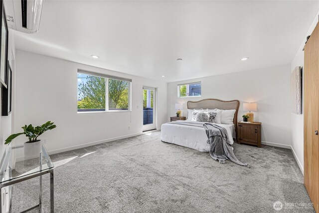 carpeted bedroom featuring baseboards, access to outside, and recessed lighting