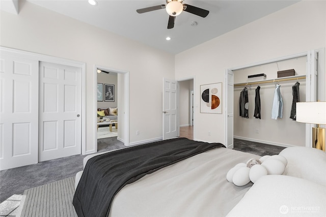 23615 38th Ave E, Spanaway, WA 98387 - bedroom with dark carpet, baseboards, recessed lighting, ceiling fan, and a closet