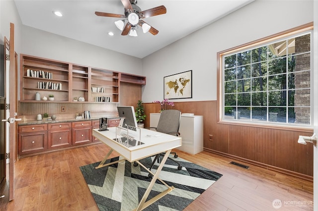 23615 38th Ave E, Spanaway, WA 98387 - office featuring wainscoting, a ceiling fan, light wood finished floors, recessed lighting, and wood walls