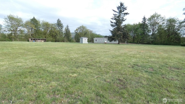 view of yard with an outdoor structure and a shed