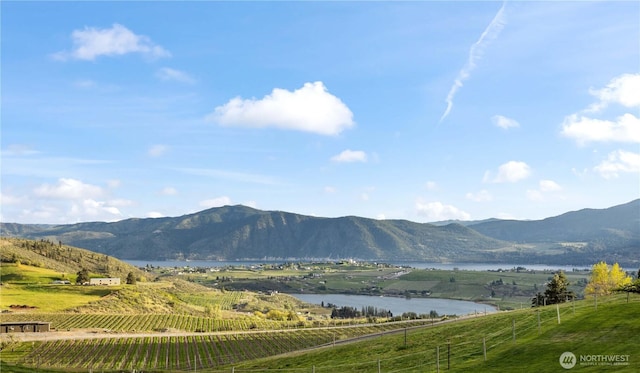 property view of mountains featuring a water view and a rural view